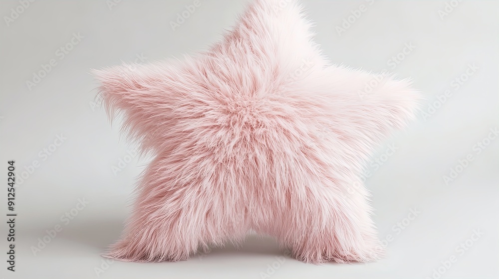 Charming Star-Shaped Pink Faux Fur Pillow: Perfect Accent for Cozy Bedrooms, Playrooms, or Sport-themed Interiors against a Gentle Gray Backdrop