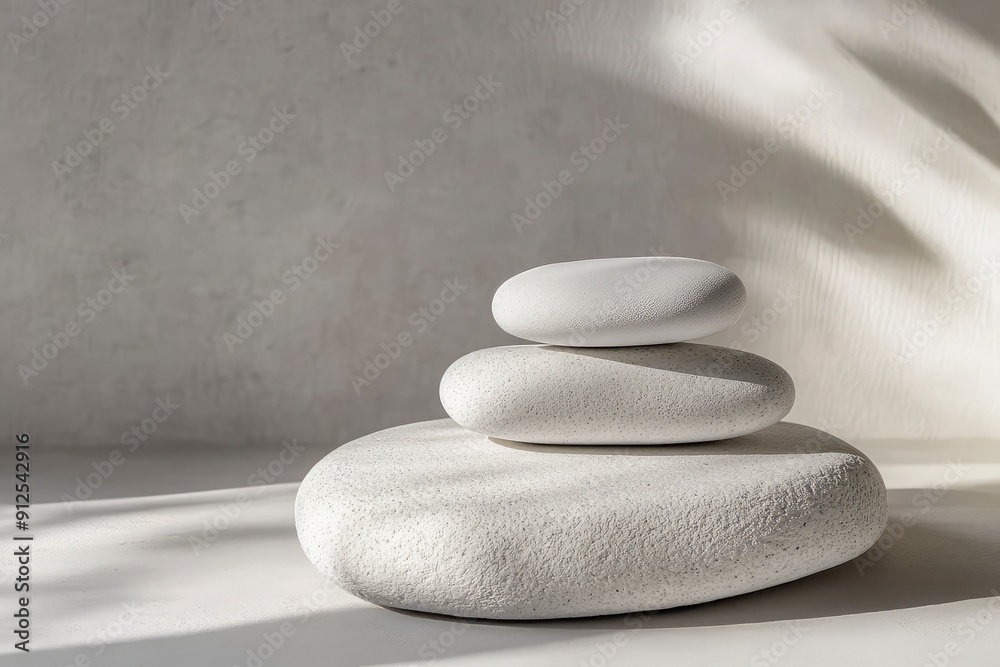 Stack white stones platform podium on gray light copy space background. Minimal empty display product presentation scene, ai Stack white stones platform podium on gray light copy space background. Minimal empty display product presentation scene, ai