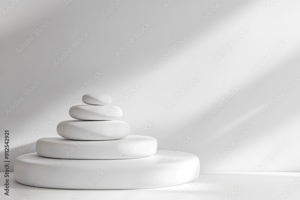 Stack white stones platform podium on gray light copy space background. Minimal empty display product presentation scene, ai Stack white stones platform podium on gray light copy space background. Minimal empty display product presentation scene, ai