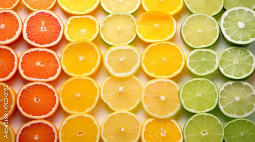 Fototapeta Naklejka Na Ścianę i Meble -  Vibrant composition of sliced citrus fruits forming a mosaic