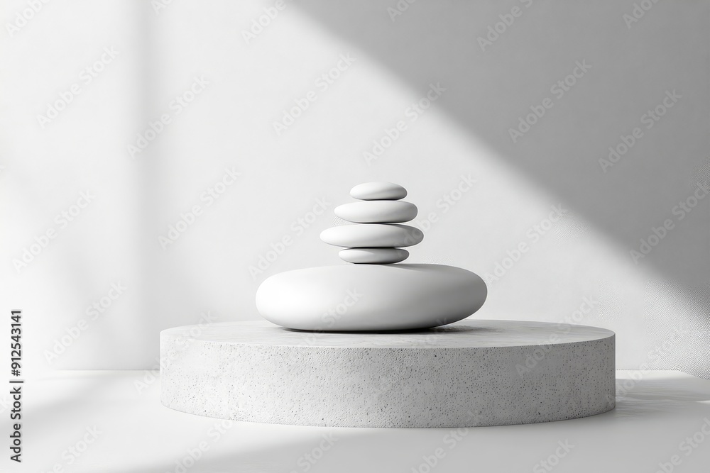 Stack white stones platform podium on gray light copy space background. Minimal empty display product presentation scene, ai Stack white stones platform podium on gray light copy space background. Minimal empty display product presentation scene, ai