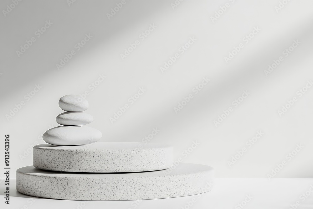 Stack white stones platform podium on gray light copy space background. Minimal empty display product presentation scene, ai Stack white stones platform podium on gray light copy space background. Minimal empty display product presentation scene, ai