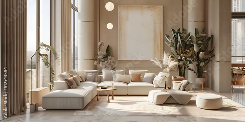 A large mockup wall frame for an advertising poster on the wall in a spacious, full of air and light, cosy modern living room with view windows and high ceilings, in elegant beige tones. 