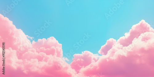 Fototapeta Naklejka Na Ścianę i Meble -  Bright candy pink fluffy clouds on blue sky, bold banner template