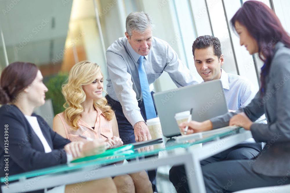 Business people, group and laptop for meeting collaboration, project management and planning in office. Staff, computer and hr team for hiring discussion, candidate screening and recruitment strategy Business people, group and laptop for meeting collaboration, project management and planning in office. Staff, computer and hr team for hiring discussion, candidate screening and recruitment strategy