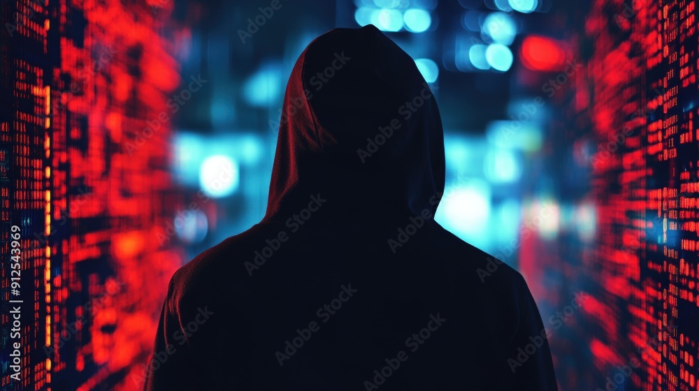 A hooded figure stands in the middle of a red and blue digital wall, looking forward. A hooded figure stands in the middle of a red and blue digital wall, looking forward.