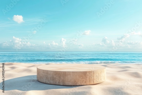 Brick podium with copy space for product display presentation on background of sand, sea and blue sky. Minimal scene for advertising with summer vacation concept, ai