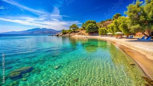 Fototapeta Naklejka Na Ścianę i Meble -  Serene Greek beach scene featuring crystal-clear shallow waters and powdery shore at Paralia Kalo Livadi, a tranquil haven for relaxation and family fun.