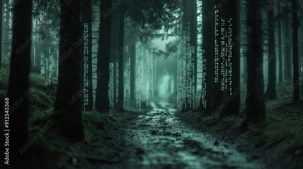 Fototapeta premium A mysterious path through a dark, foggy forest with glowing digital code on the trees.