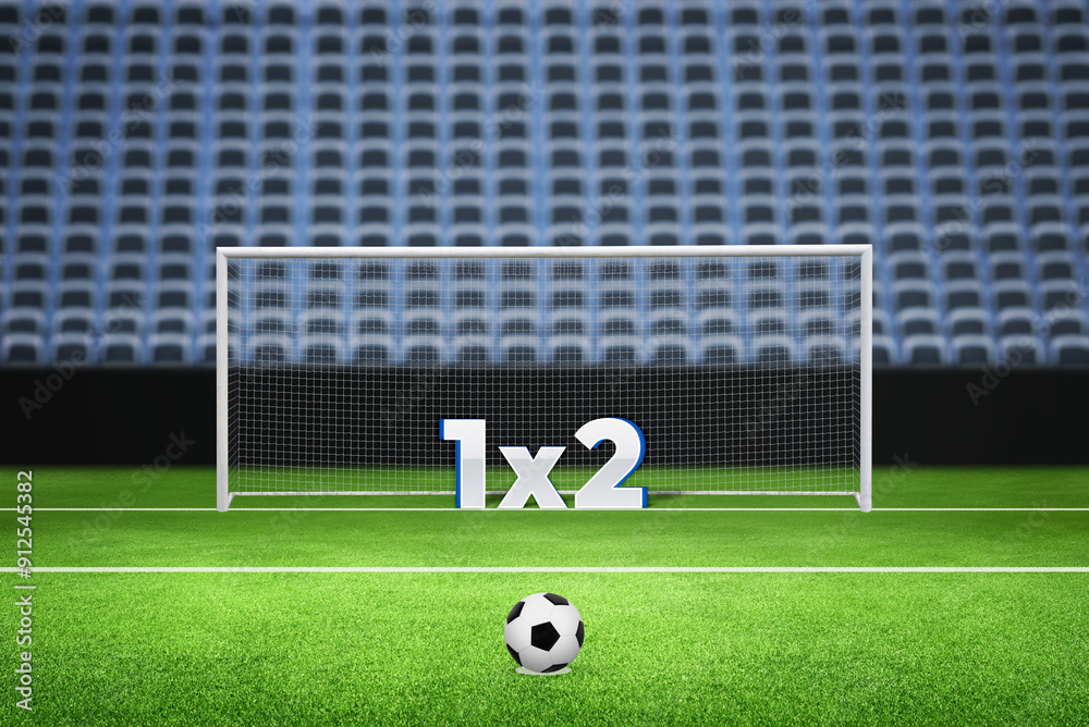 Obraz premium Goal on a soccer field with a 1x2 sign symbolizing sports betting. Concept represents guessing in sports games of chance and betting, highlighting prediction and strategy