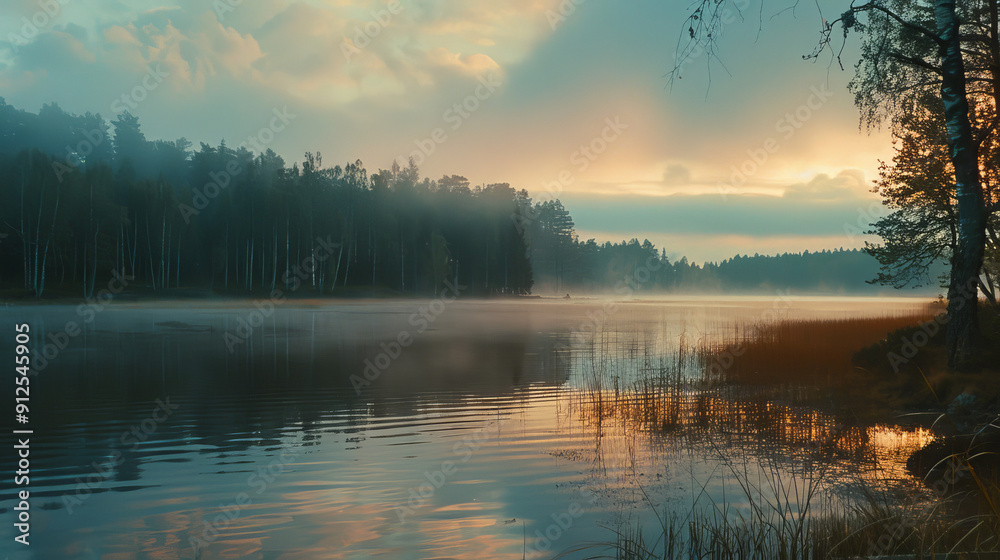 Serene Nordic Lake at Golden Hour with Mist, vintage Kodak Film style, 300 DPI Serene Nordic Lake at Golden Hour with Mist, vintage Kodak Film style, 300 DPI