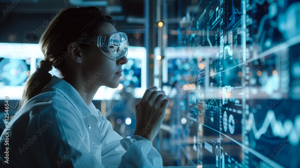 A scientist wearing protective goggles conducts research with futuristic digital screens, suitable for illustrating technology, research, or innovation themes,
