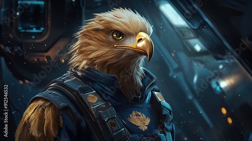 Majestic Golden Eagle: A Stunning Poster for Sports Decor - Featuring an Anthropomorphic Eagle in Space-Themed Flight Suit with Mechanical Beak and Gold Insignia photo