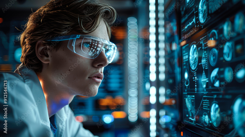 A focused scientist wearing protective goggles operates advanced technology panels with futuristic data and holographic displays, ideal for concepts of innovation, research, and high-tech science, A focused scientist wearing protective goggles operates advanced technology panels with futuristic data and holographic displays, ideal for concepts of innovation, research, and high-tech science,