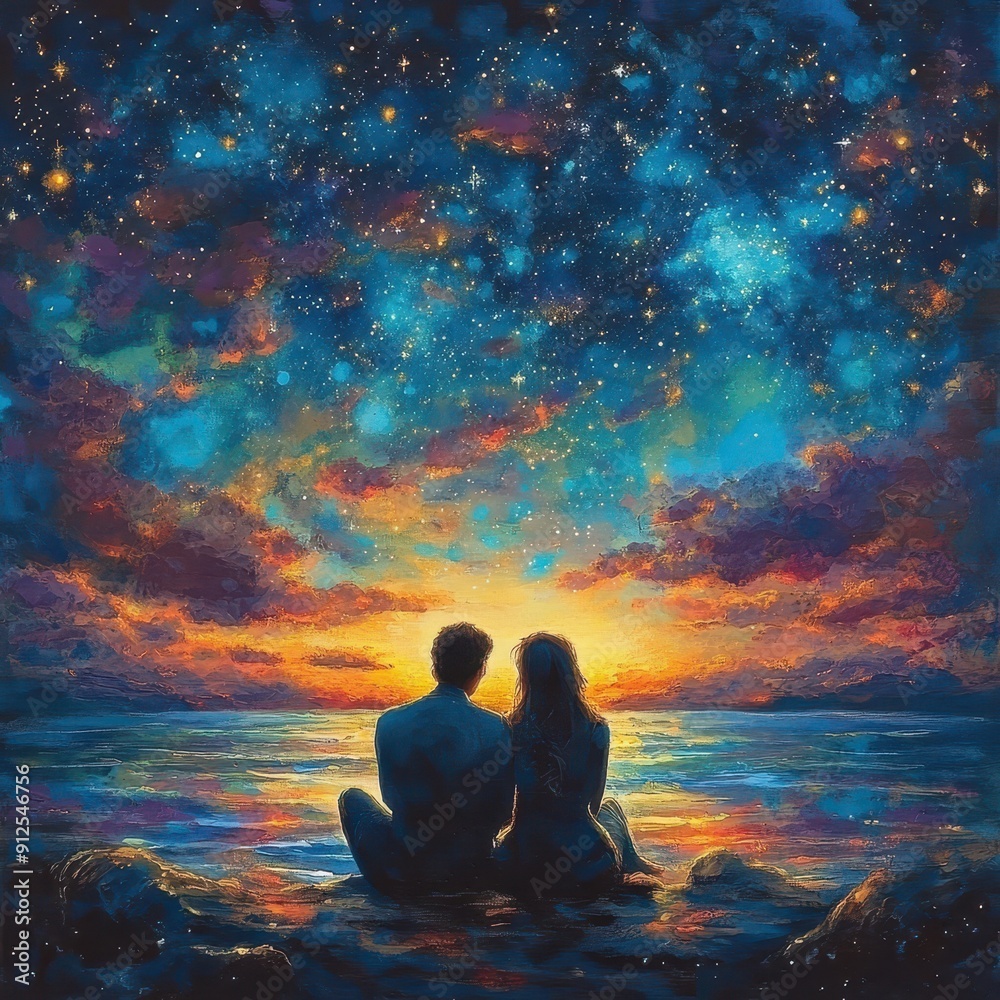 Couple watching the stars while recounting dreams, romantic and serene, heartwarming Couple watching the stars while recounting dreams, romantic and serene, heartwarming