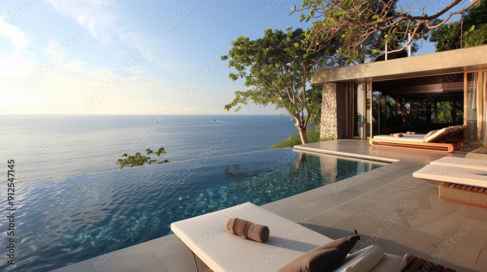 Fototapeta premium A stunning villa features an infinity pool with breathtaking ocean views and tropical greenery at dusk