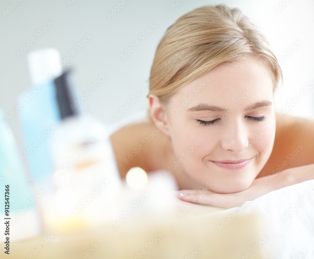 Massage, pamper and wellness with woman at spa as customer on table for break, treatment or relax. Luxury, peace and smile with happy person on bed as salon client for comfort or stress relief Massage, pamper and wellness with woman at spa as customer on table for break, treatment or relax. Luxury, peace and smile with happy person on bed as salon client for comfort or stress relief