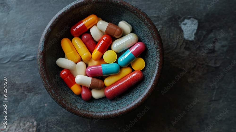 A bowl of colorful pills is sitting on a table A bowl of colorful pills is sitting on a table
