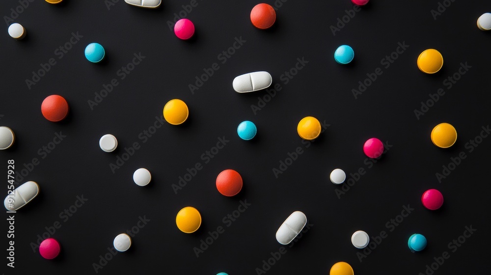 A close up of many different colored pills on a black background A close up of many different colored pills on a black background
