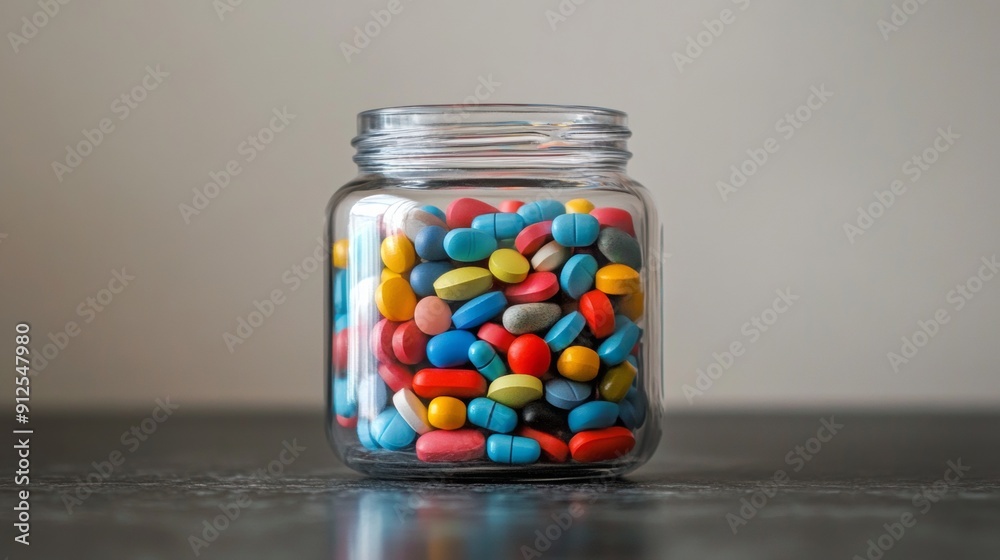 A jar full of colorful pills sits on a table A jar full of colorful pills sits on a table