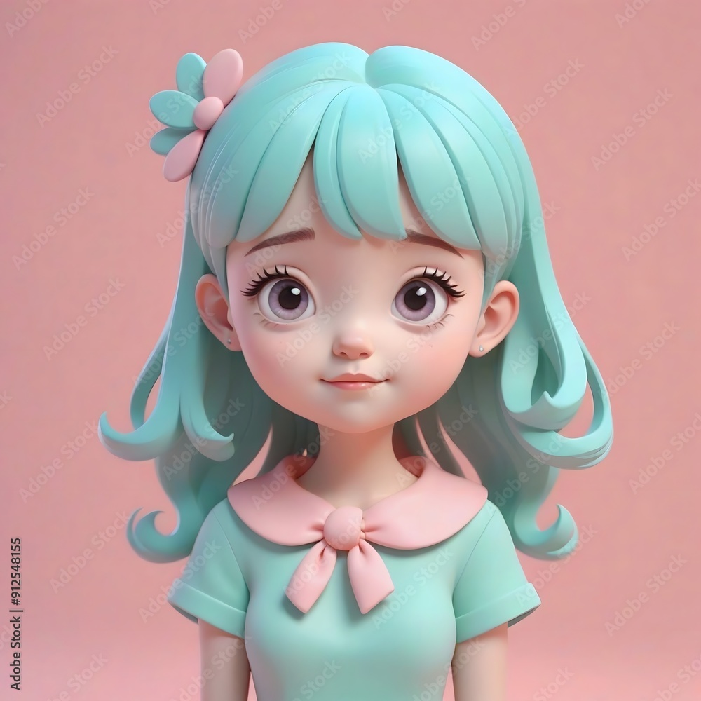 Cute cartoon girl with blue hair and pink bow. Cute cartoon girl with blue hair and pink bow.