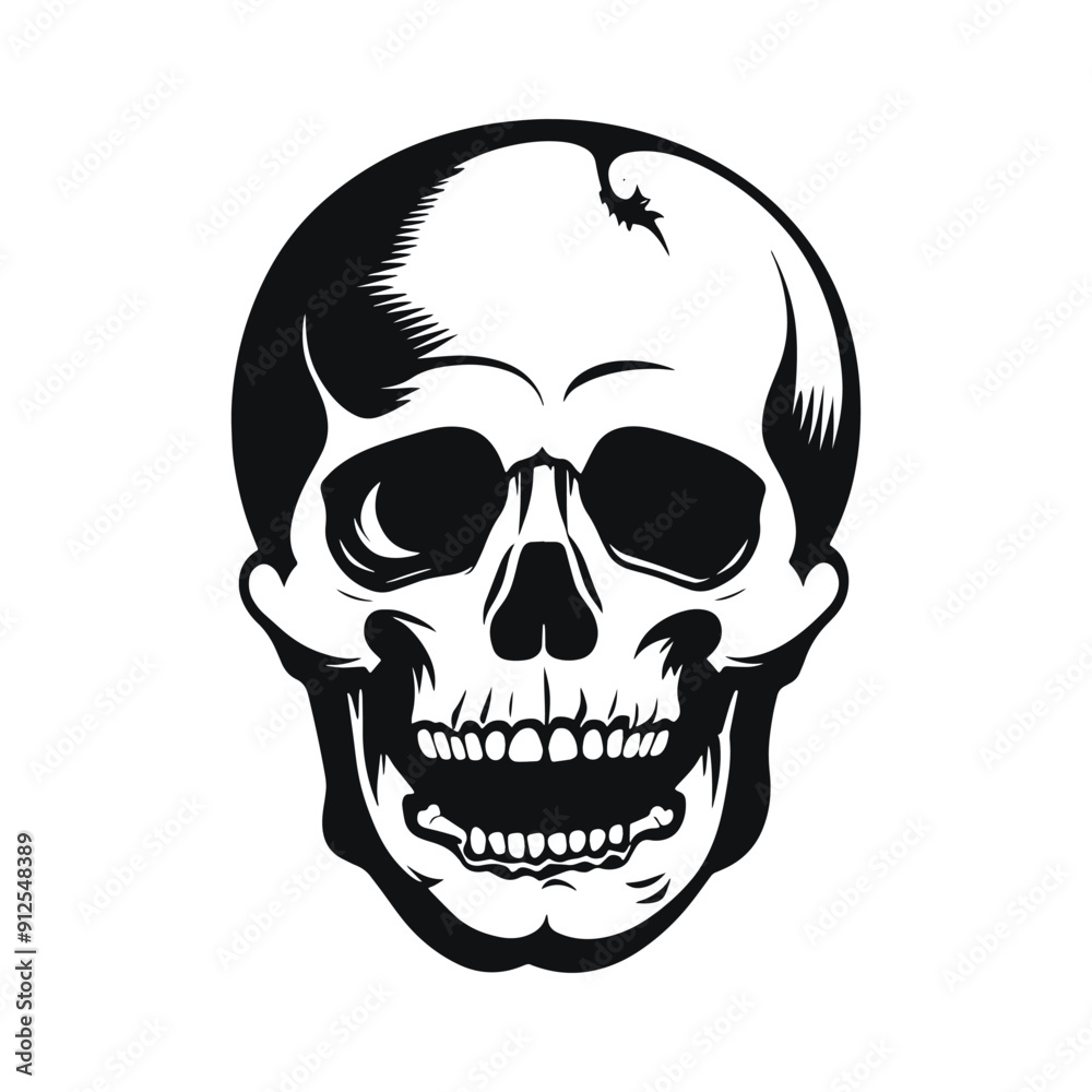 Detailed human skull in black ink, vector illustration. Monochrome anatomy and Halloween design.