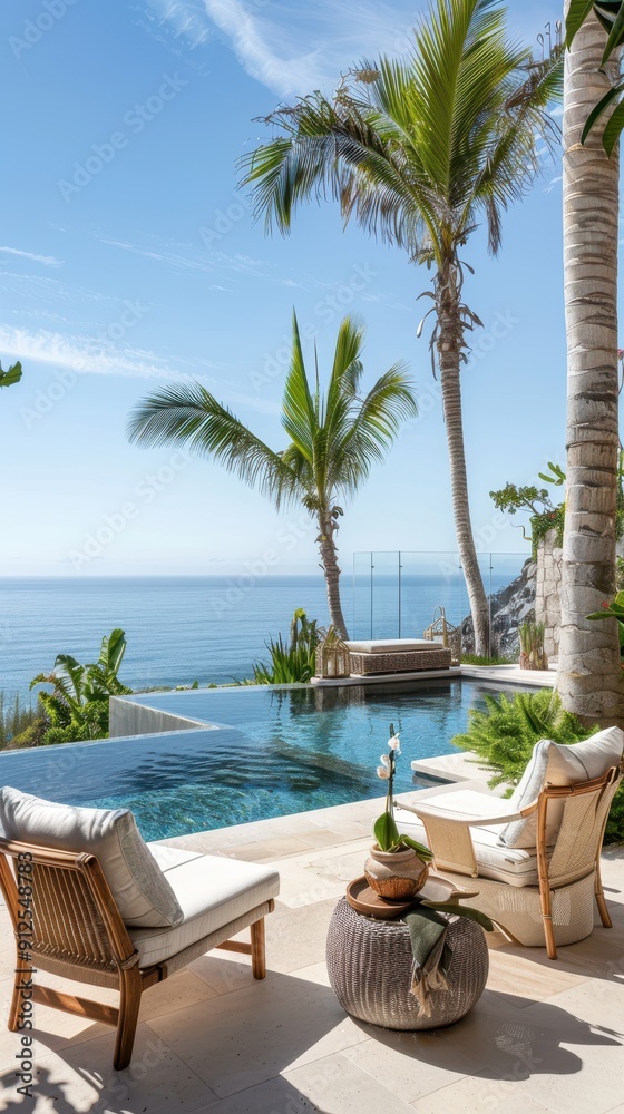 Fototapeta premium A serene oceanfront view from a villa, featuring a pool, comfortable seating, and lush tropical palm trees