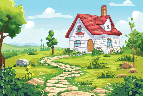 Summer Countryside Rural Farm Landscape with Cute Little House, Rock Walkway. Cartoon Vector