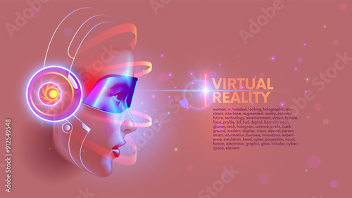 Virtual Reality conceptual poster. Woman head in VR headset looking at holographic abstract interface of virtual reality. Female face profile lit by 3d interface. VR glasses on beautiful girl face.