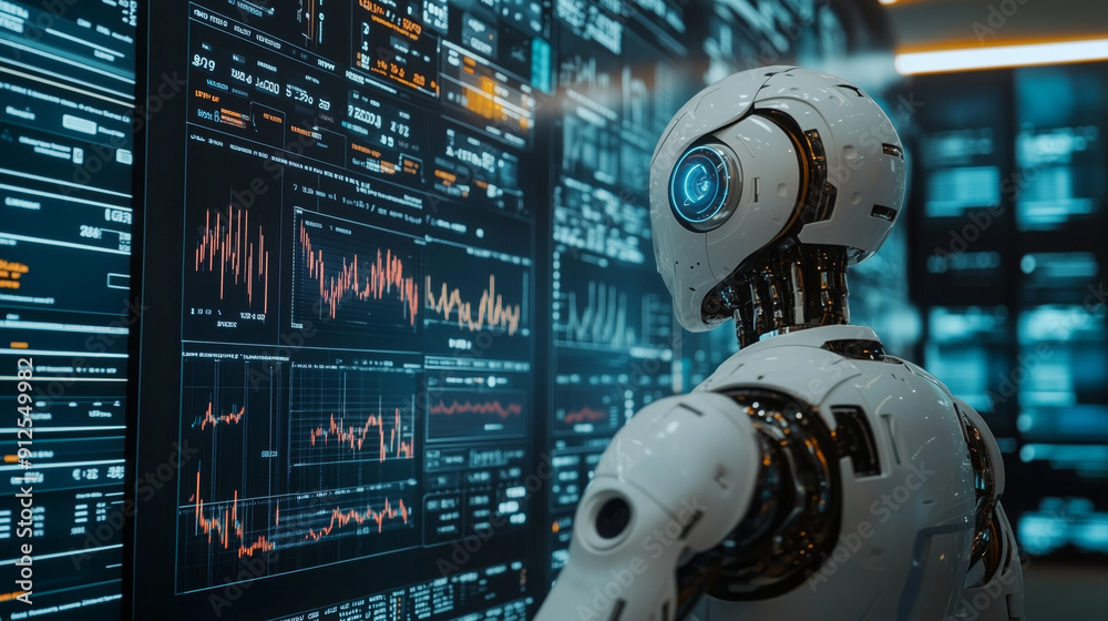 Robot analyzing financial data on multiple digital screens, highlighting charts and graphs in a high-tech environment Robot analyzing financial data on multiple digital screens, highlighting charts and graphs in a high-tech environment