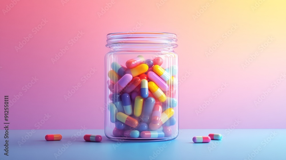 A jar full of colorful pills sits on a table A jar full of colorful pills sits on a table