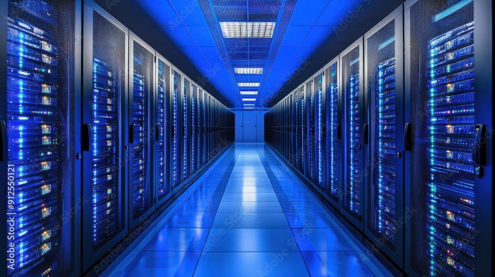 A long corridor in a data center, rows of servers lit with blue lights, the floor reflecting the light. A long corridor in a data center, rows of servers lit with blue lights, the floor reflecting the light.