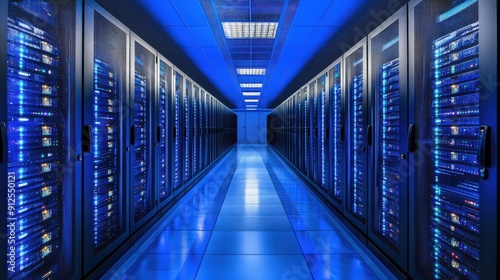 A long corridor in a data center, rows of servers lit with blue lights, the floor reflecting the light.