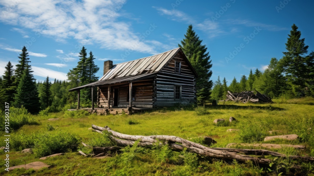 Old fashioned cabin surrounded by untamed mountains Old fashioned cabin surrounded by untamed mountains
