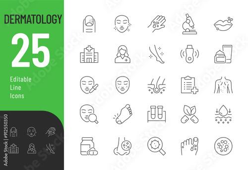 Dermatology  Line Editable Icons set. Vector illustration in modern thin line style of skin care related icons: doctor, skin diseases, treatment, and more. Pictograms and infographics