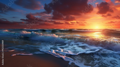 Photo like depiction of a beach at sunset