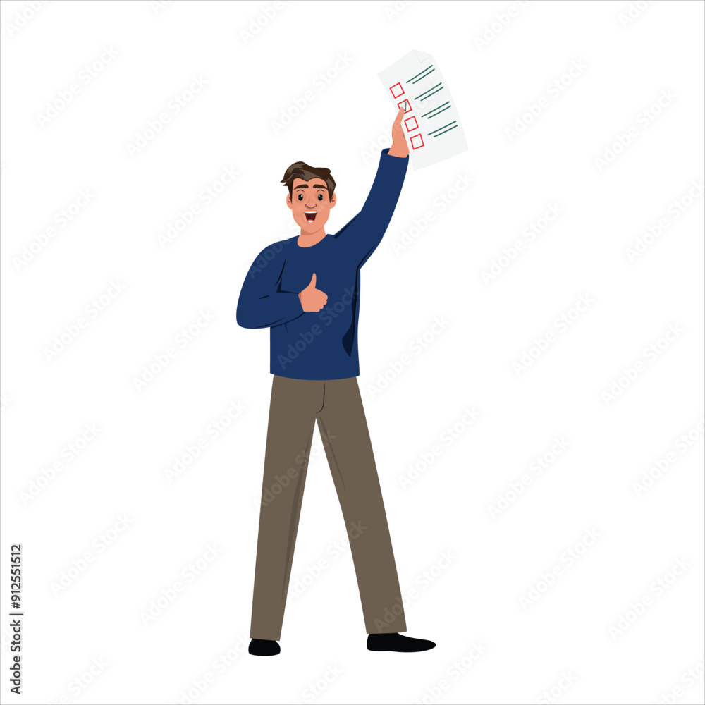 Excited man cheering with a voting document in one hand and a thumbs up gesture in the other Excited man cheering with a voting document in one hand and a thumbs up gesture in the other