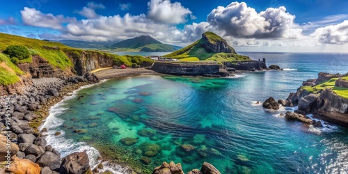 Serenely rugged Atlantic coastline of Baía de Alagoa on Ilha das Flores, Azores, Portugal, featuring weathered stones, rocky shores, and crystal-clear turquoise ocean waters. photo