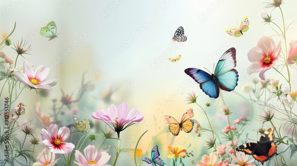 Butterflies dance gracefully over blooming wildflowers in a serene spring meadow Butterflies dance gracefully over blooming wildflowers in a serene spring meadow