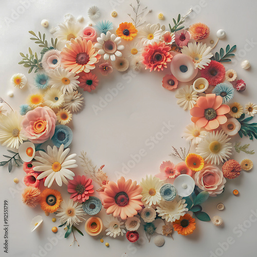 Frame with colorful flowers on clear white background. Greeting card design for holiday, Mother's day, Easter, Valentine day. Springtime composition with copy space. Flat lay, top view