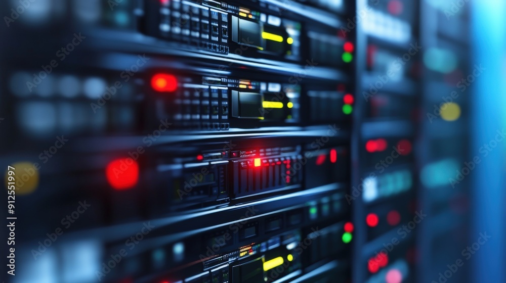 Close-up of server rack with red and yellow lights. Close-up of server rack with red and yellow lights.