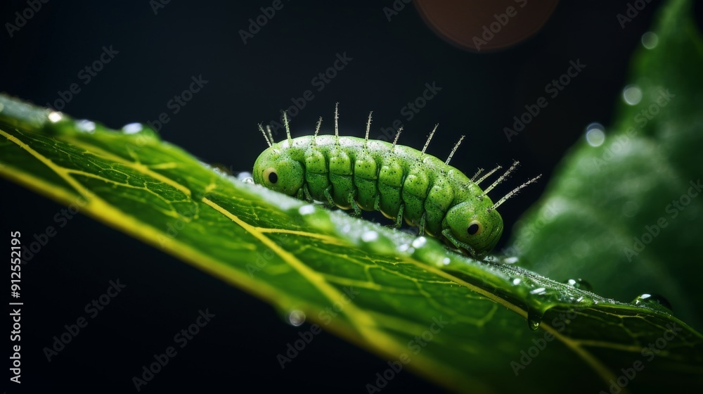 Fototapeta premium Close up shot of caterpillar on green leaf