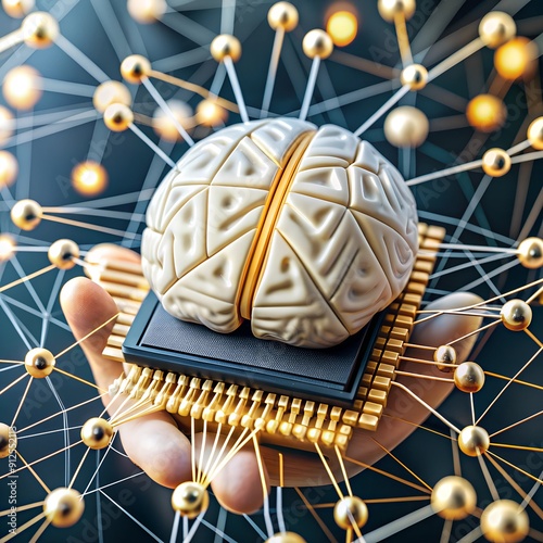 implantation of a microchip in the brain. automated brain functioning. brain with a chip on a blue background. 3D render