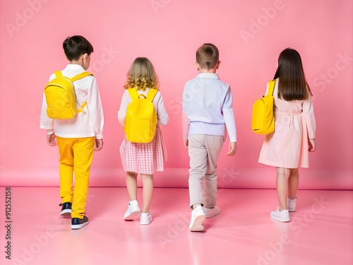 School backpacks and a knapsack. Walk to school along the path. Horizontal, Place for text.