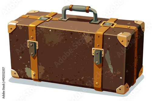 A vintage suitcase with a worn, brown leather exterior featuring metal reinforcements at the corners