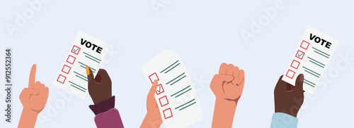 Banner with diverse hands holding voting papers, various gestures and blank space for custom design