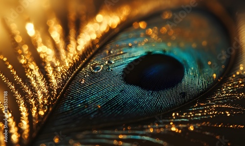 Close-up of a Peacock Feather with Water Droplets and Golden Bokeh photo