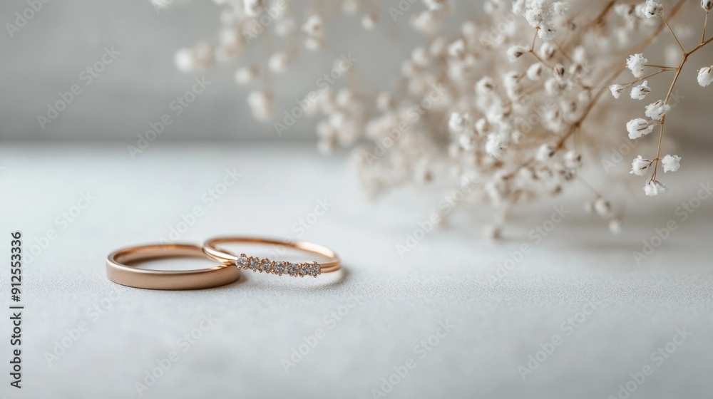 Two wedding rings with diamonds on them are on a table Two wedding rings with diamonds on them are on a table