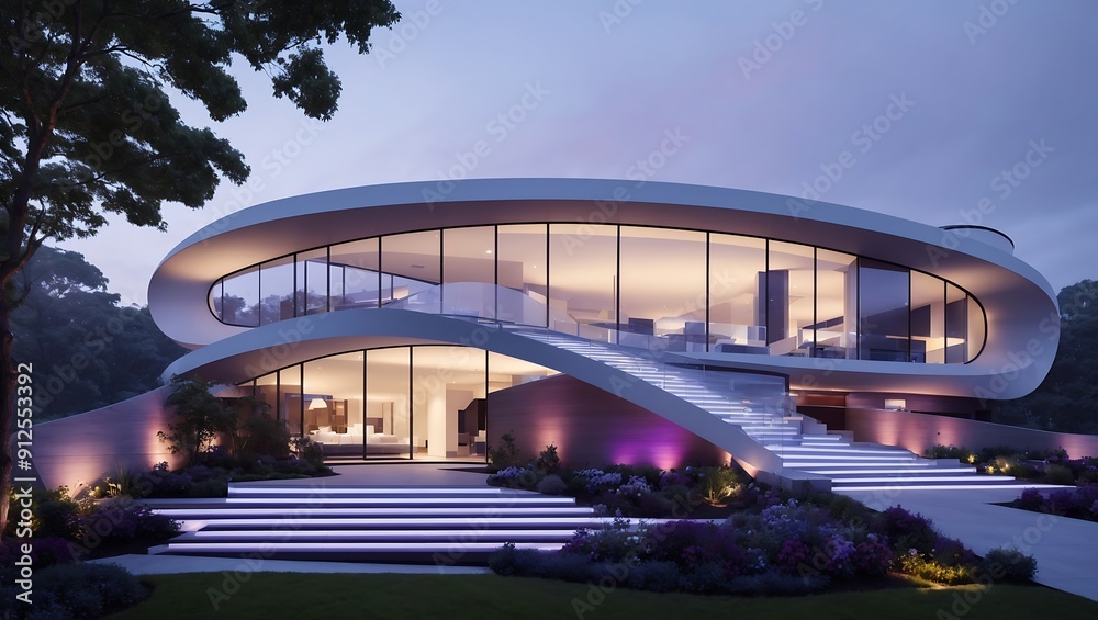 Naklejka premium A modern, white, curved house with large windows. It has a driveway and a garden with purple flowers.