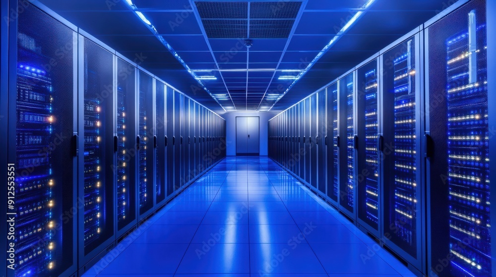 Rows of server racks in a modern data center. Rows of server racks in a modern data center.